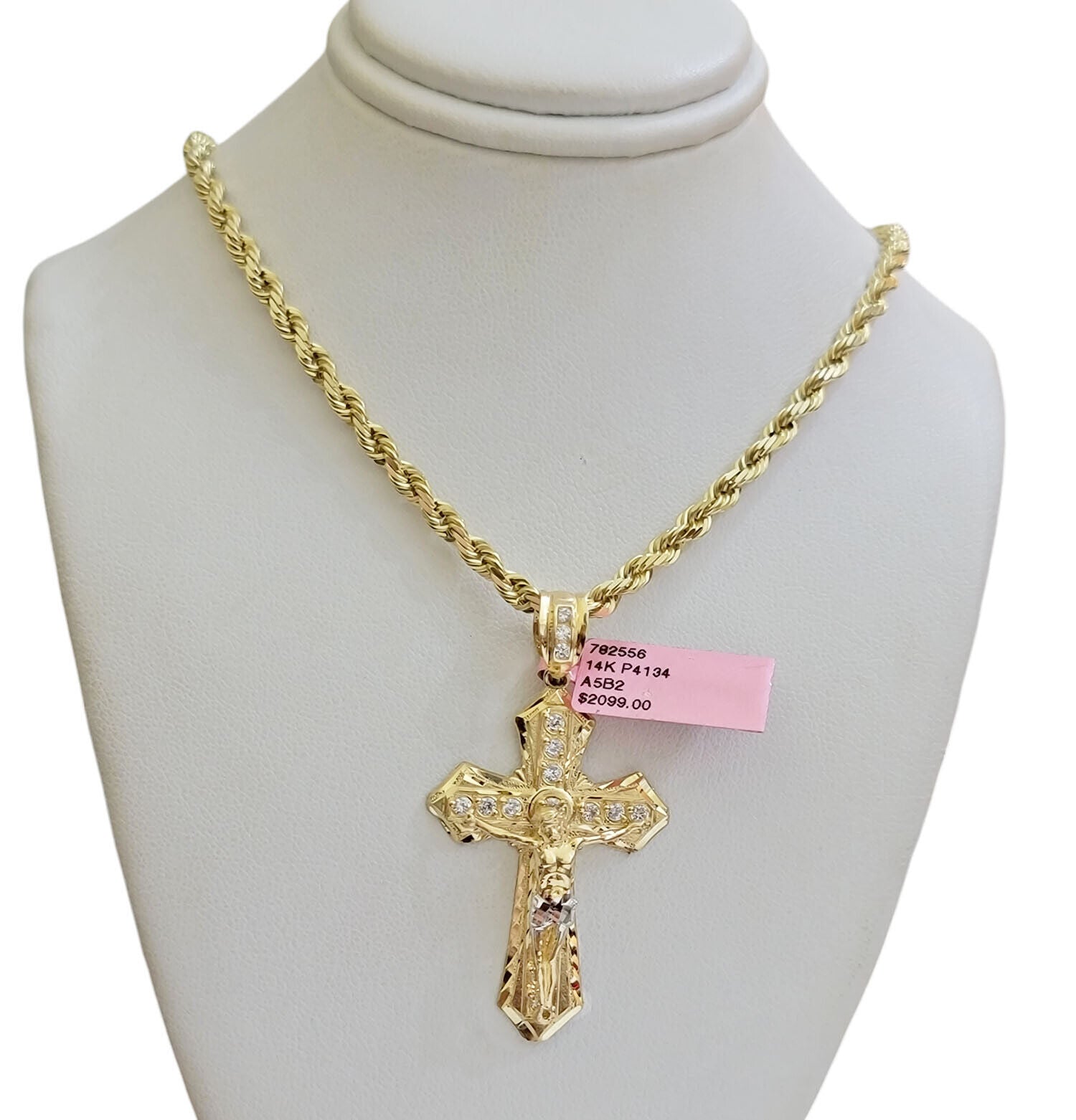 REAL 14k Gold Rope Necklace Cross Charm Pendant SET SOLID 4mm 28 Inch Chain Mens